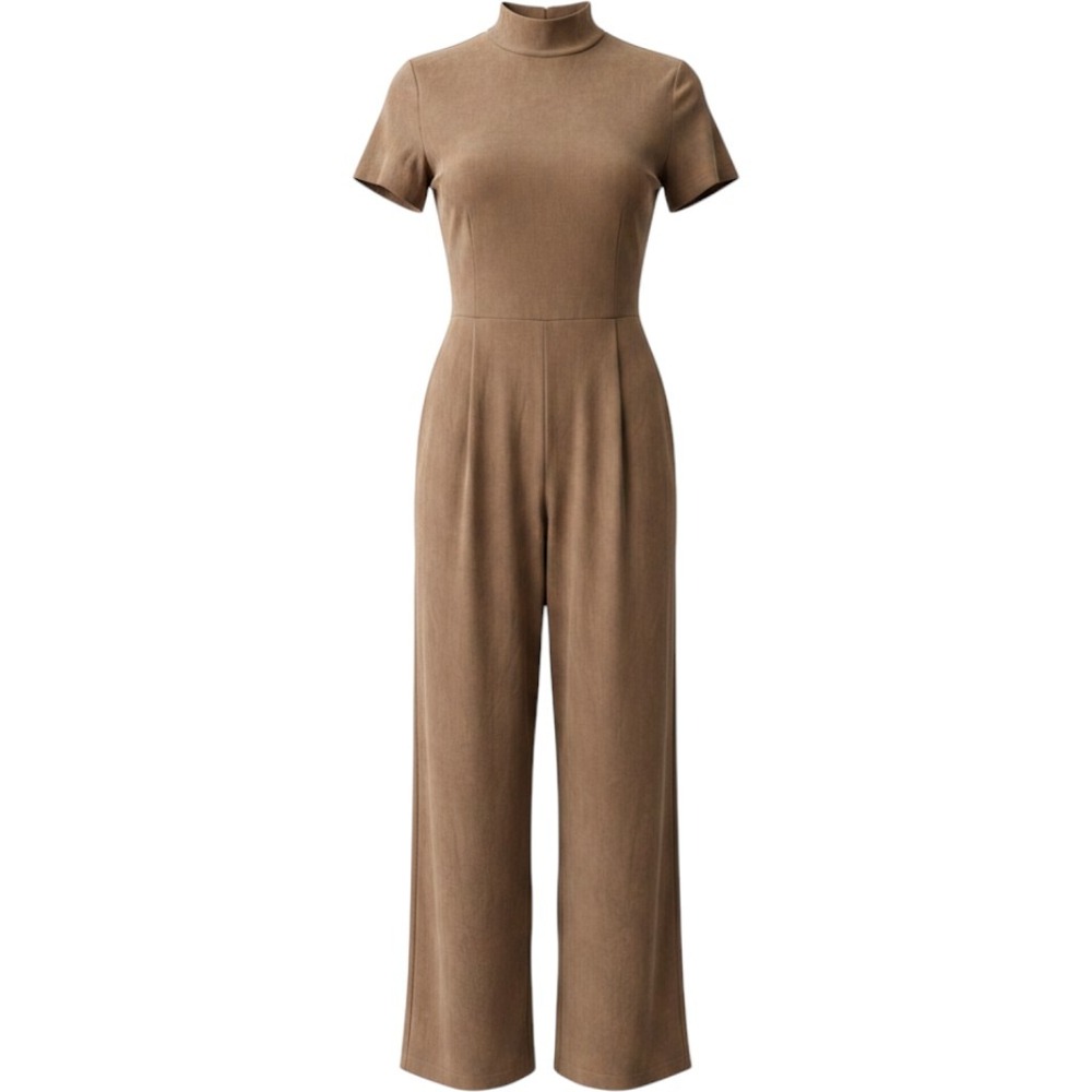 Scarlett Womens Tan Brown Faux Suede Mock Neck Wide Leg Jumpsuit Size 5/6